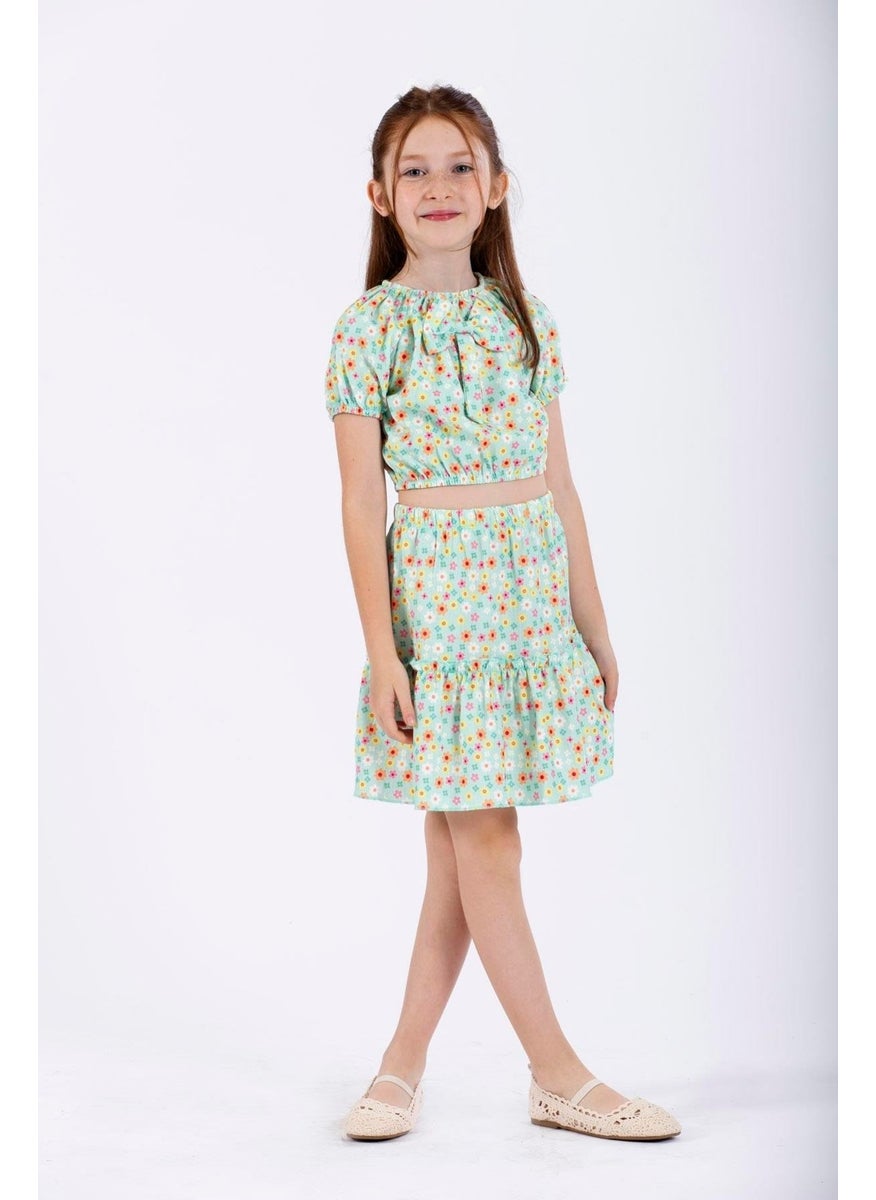 Green Color Girl Skirt Set with Front Bow Detail