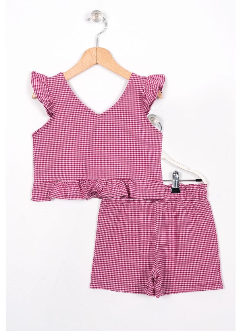 V Neck Zero Sleeve Ruffle Detailed Fuchsia Color Girl Shorts Set