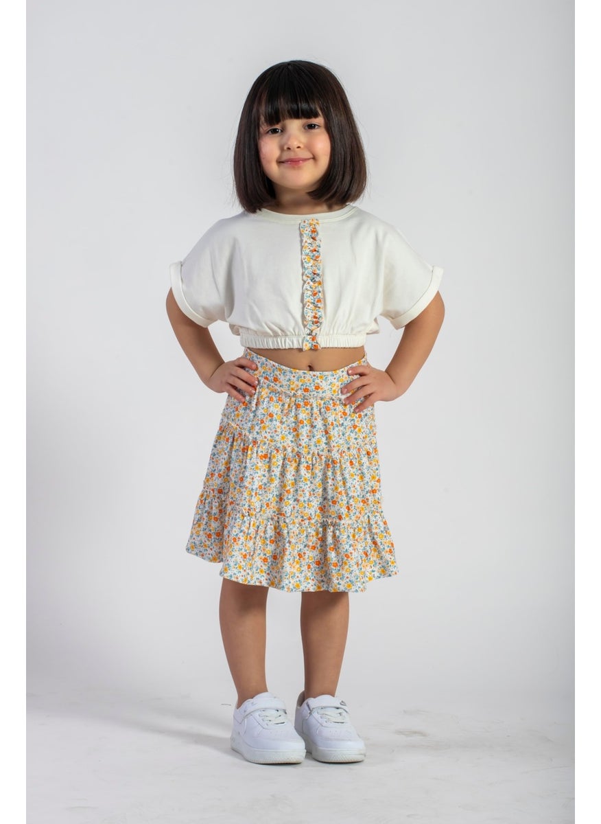 Waist Elastic Double Sleeve Flowered Yellow Color Girl Skirt Suit