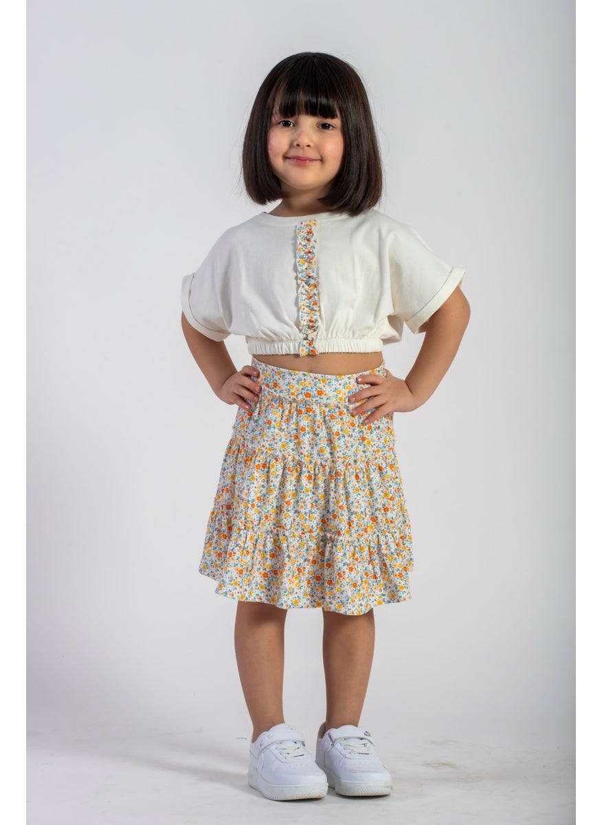 Waist Elastic Double Sleeve Flowered Yellow Color Girl Skirt Suit