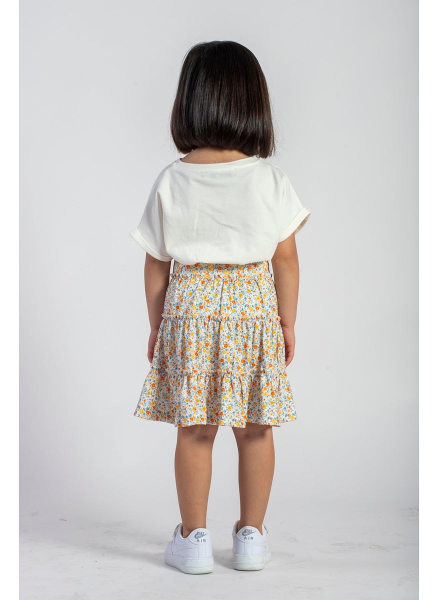 Waist Elastic Double Sleeve Flowered Yellow Color Girl Skirt Suit