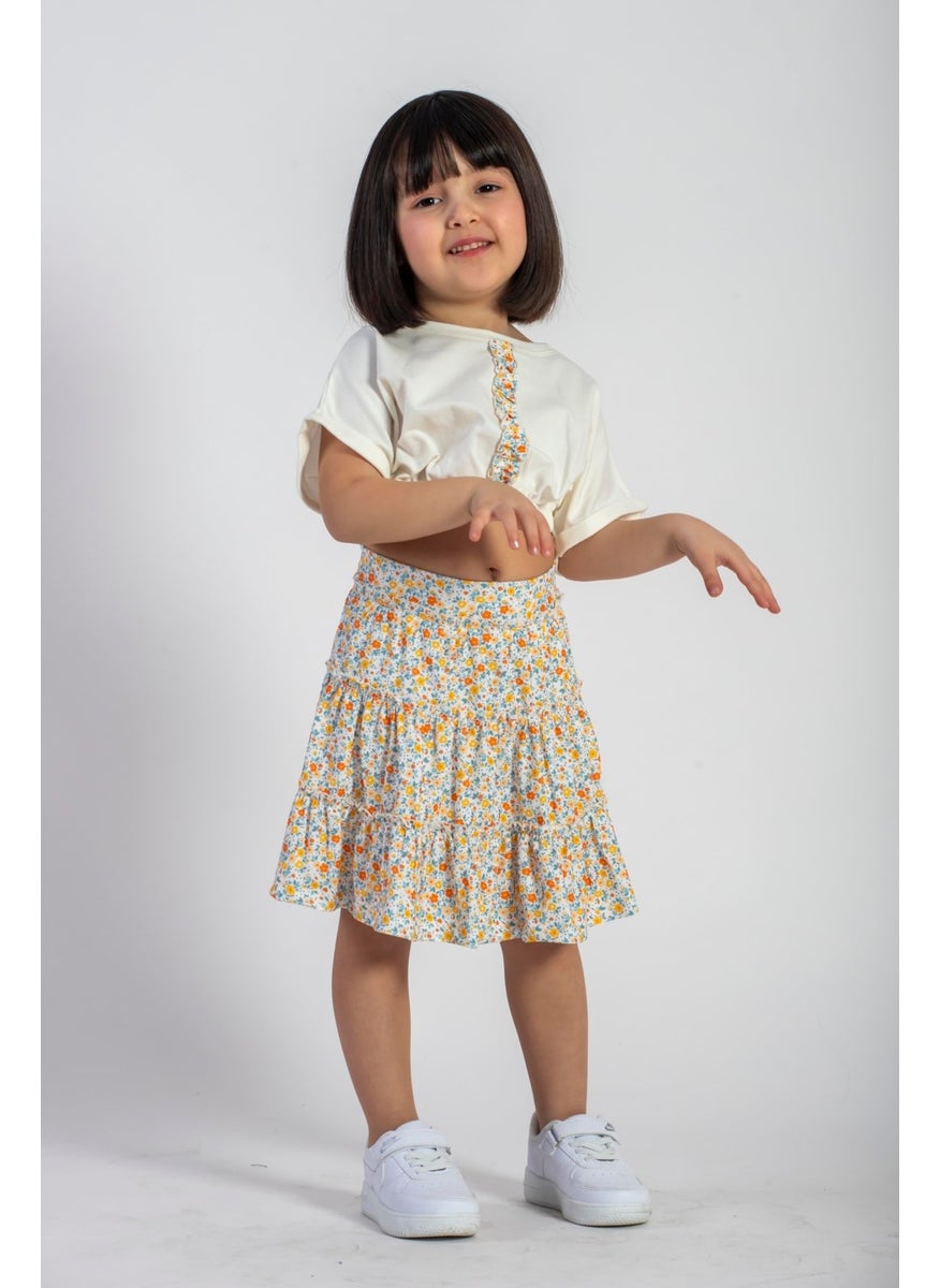 Waist Elastic Double Sleeve Flowered Yellow Color Girl Skirt Suit