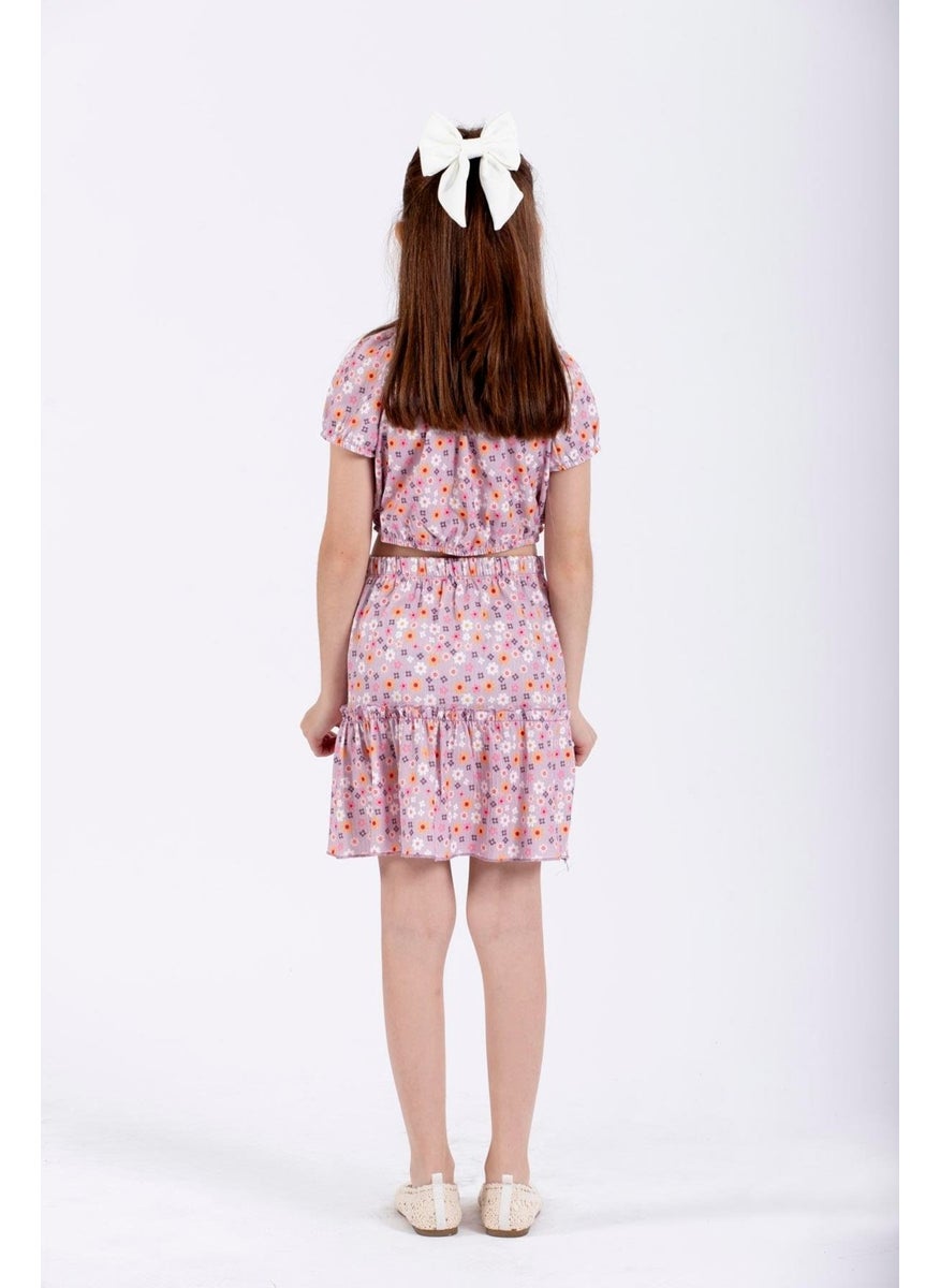 Lilac Color Girl Skirt Set with Front Bow Detail
