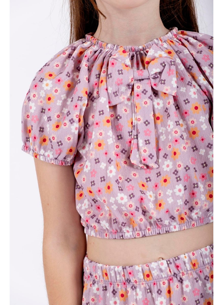 Lilac Color Girl Skirt Set with Front Bow Detail