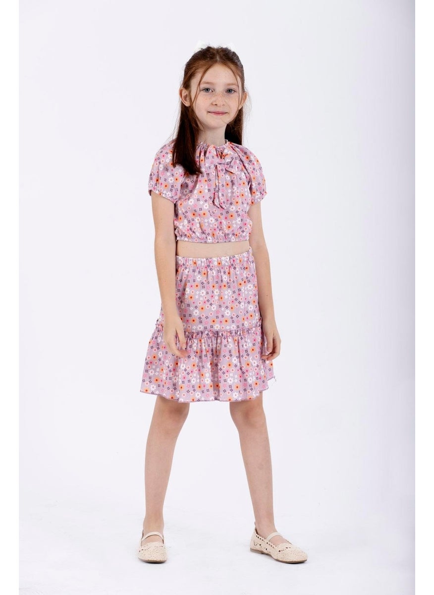 Lilac Color Girl Skirt Set with Front Bow Detail