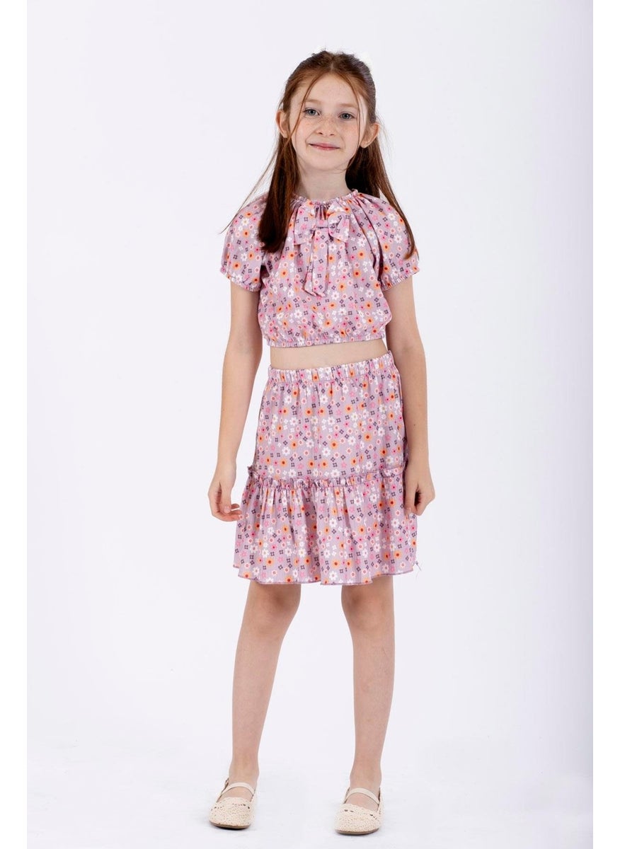 Lilac Color Girl Skirt Set with Front Bow Detail