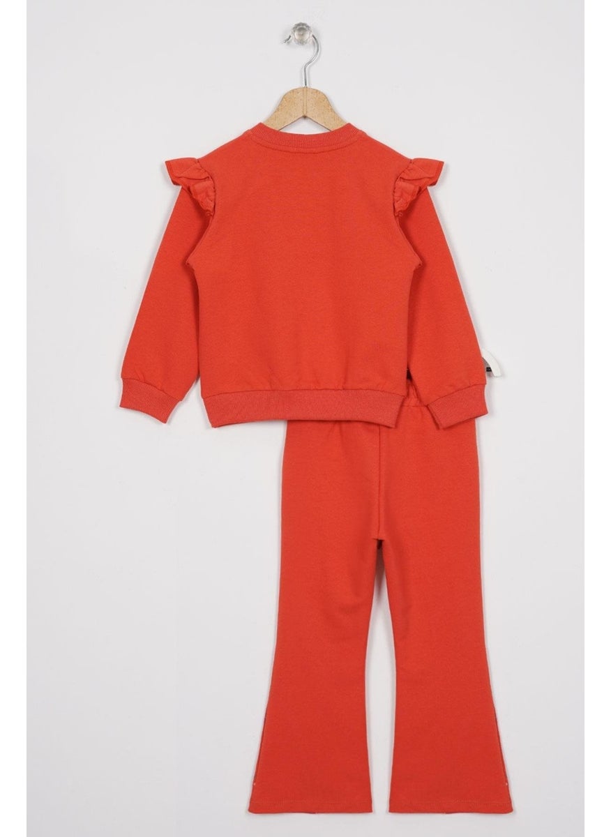 Crew Neck Long Sleeve Flower Embroidery Printed Brick Color Girl's Two Piece Set