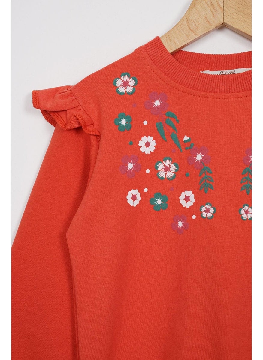 Crew Neck Long Sleeve Flower Embroidery Printed Brick Color Girl's Two Piece Set