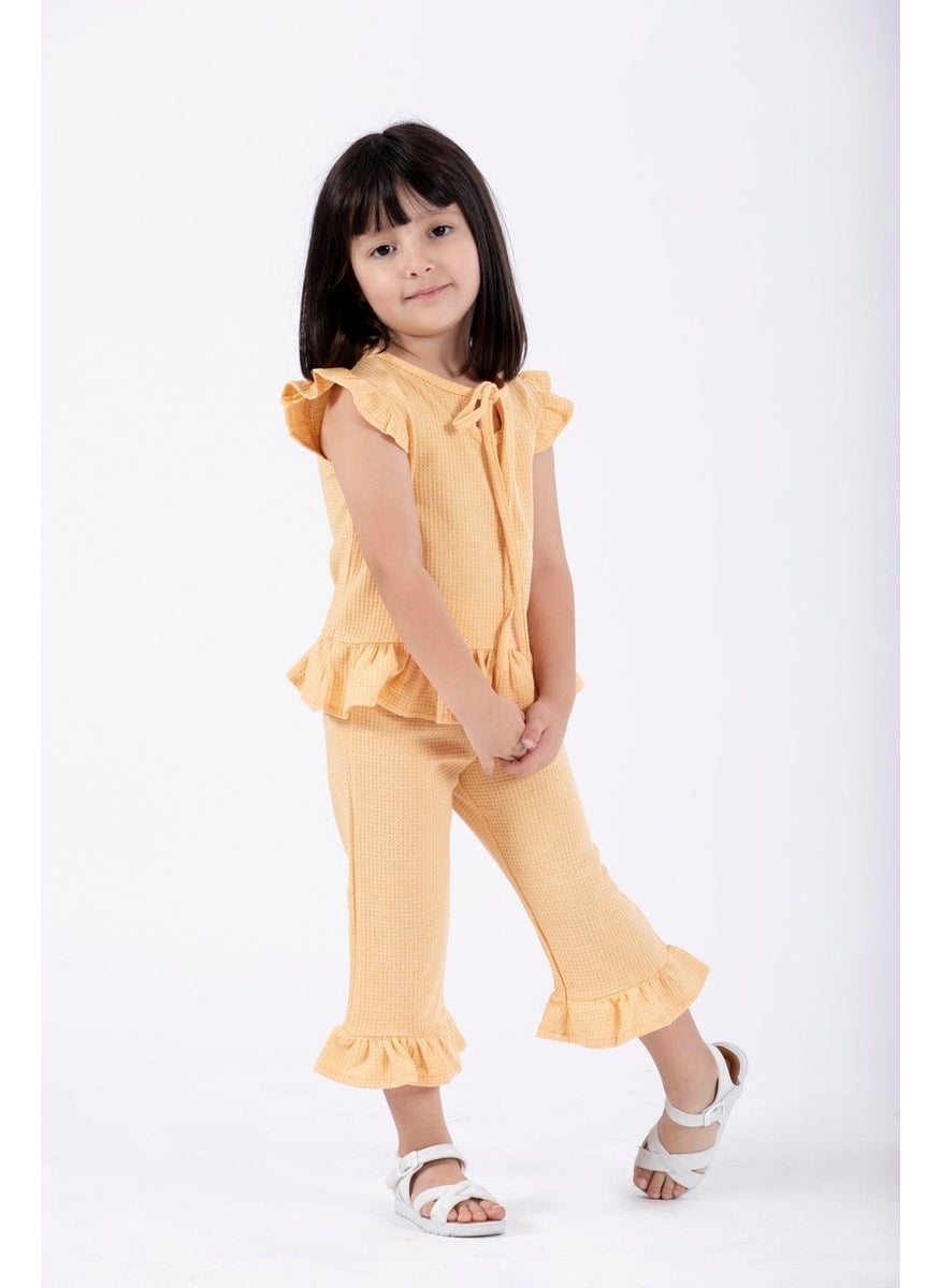 Crew Neck Short Sleeve Waffle Frilled Two Piece Set Mustard Color Girls Two Piece Set