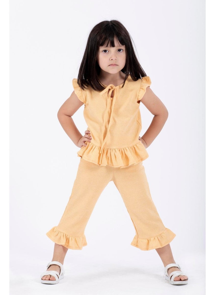Crew Neck Short Sleeve Waffle Frilled Two Piece Set Mustard Color Girls Two Piece Set