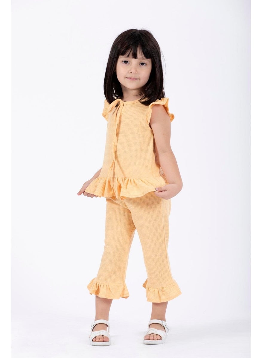 Crew Neck Short Sleeve Waffle Frilled Two Piece Set Mustard Color Girls Two Piece Set
