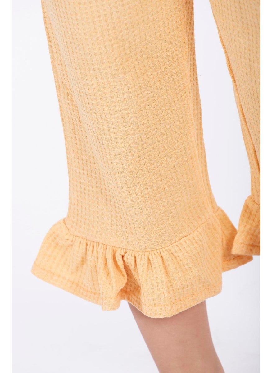 Crew Neck Short Sleeve Waffle Frilled Two Piece Set Mustard Color Girls Two Piece Set
