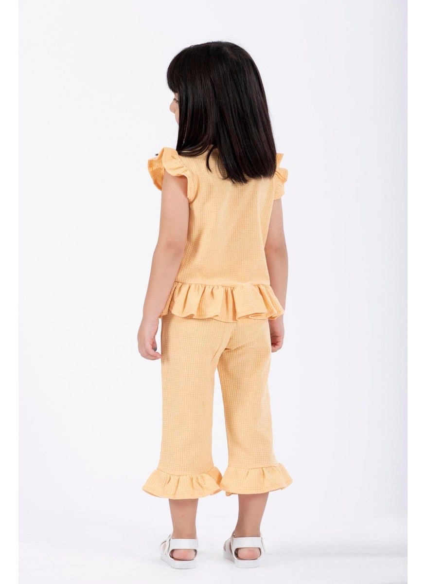 Crew Neck Short Sleeve Waffle Frilled Two Piece Set Mustard Color Girls Two Piece Set