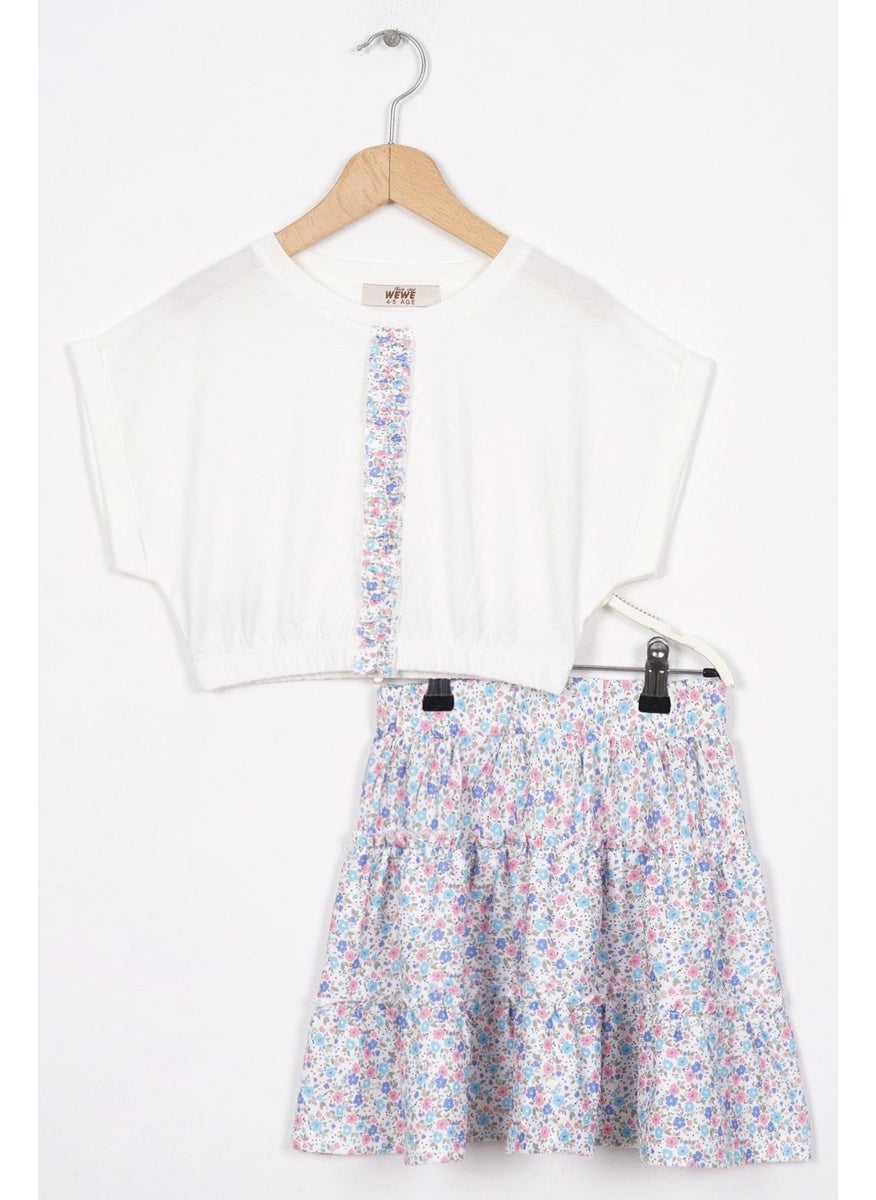 Elastic Waist Double Sleeve Flowered Blue Color Girl Skirt Suit