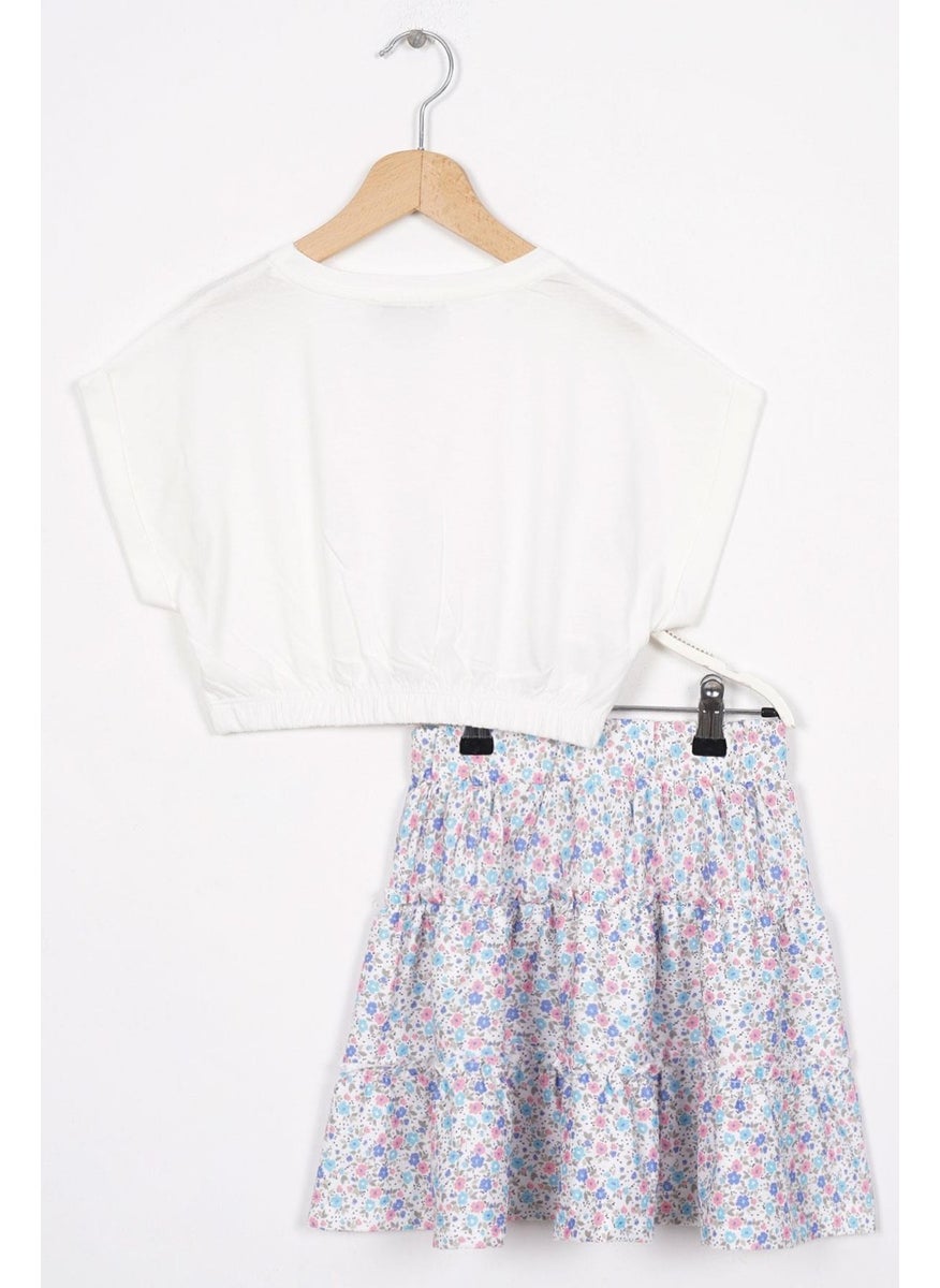 Elastic Waist Double Sleeve Flowered Blue Color Girl Skirt Suit