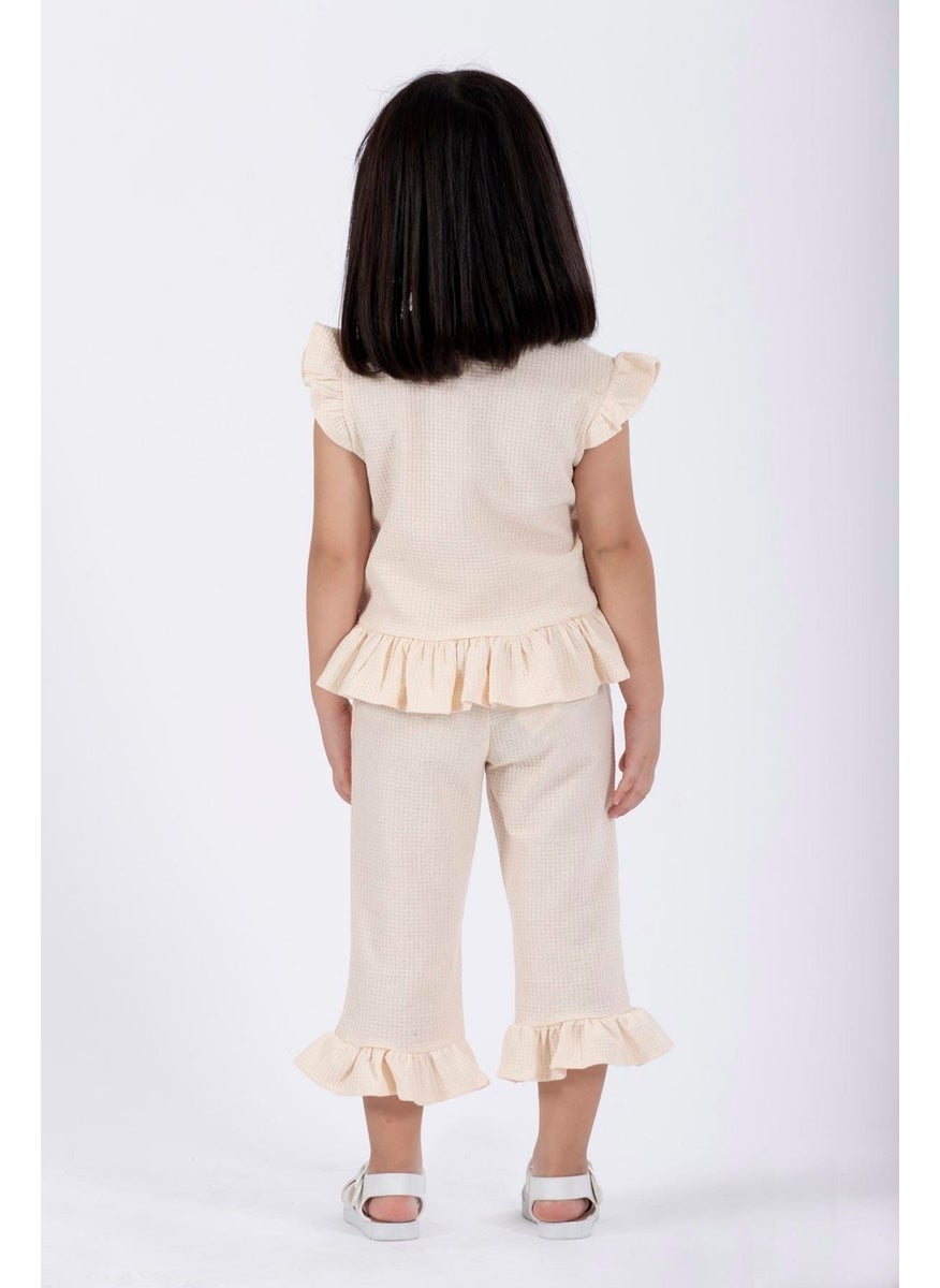 Crew Neck Short Sleeve Waffle Frilled Double-breasted Ecru Color Girl's Double-breasted Set
