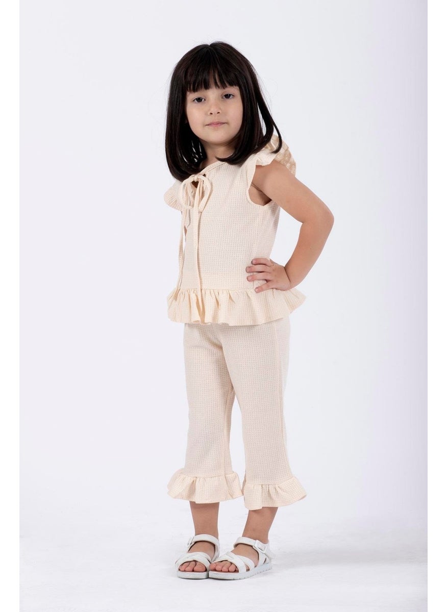 Crew Neck Short Sleeve Waffle Frilled Double-breasted Ecru Color Girl's Double-breasted Set