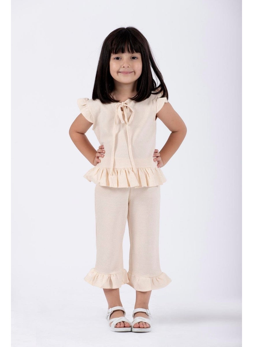 Crew Neck Short Sleeve Waffle Frilled Double-breasted Ecru Color Girl's Double-breasted Set
