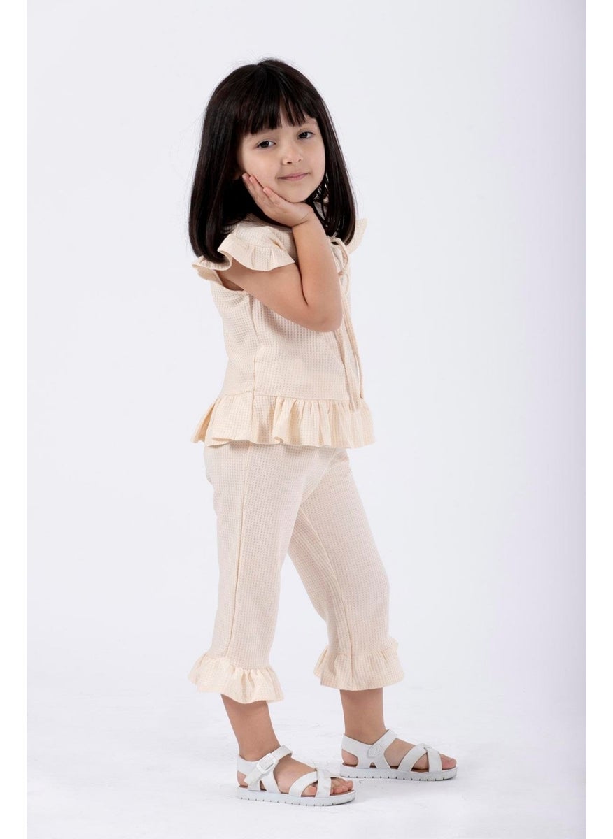 Crew Neck Short Sleeve Waffle Frilled Double-breasted Ecru Color Girl's Double-breasted Set