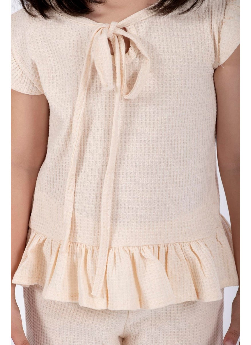 Crew Neck Short Sleeve Waffle Frilled Double-breasted Ecru Color Girl's Double-breasted Set