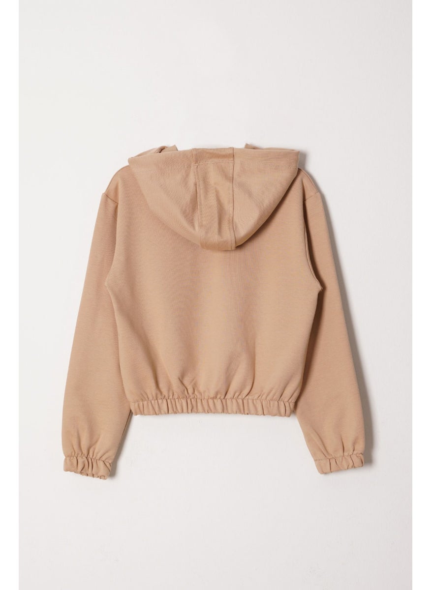 Hooded Long Sleeve Daisy Flowrs Leaf Printed Beige Color Girl's Two Piece Set