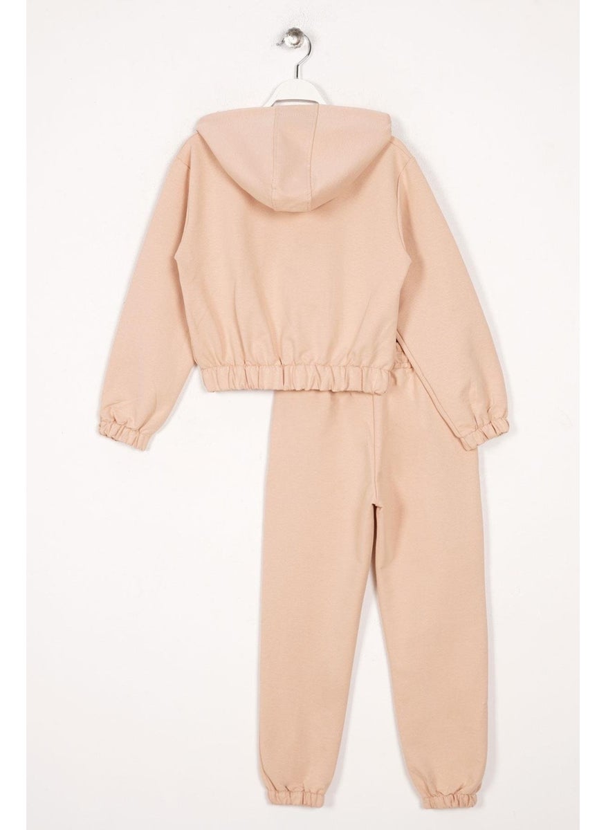Hooded Long Sleeve Daisy Flowrs Leaf Printed Beige Color Girl's Two Piece Set