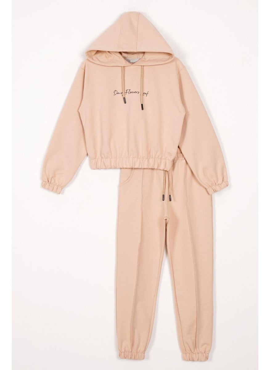 Hooded Long Sleeve Daisy Flowrs Leaf Printed Beige Color Girl's Two Piece Set