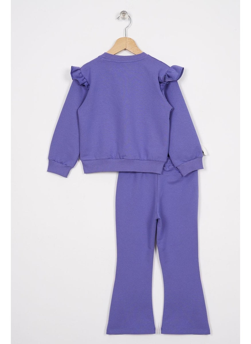 Crew Neck Long Sleeve Flower Embroidery Printed Purple Color Girl's Two Piece Set