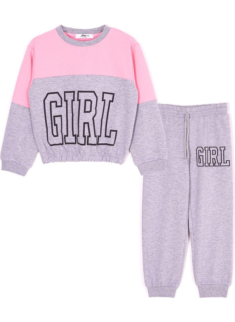 Crew Neck Long Sleeve Light Pink Color Girl Tracksuit Set