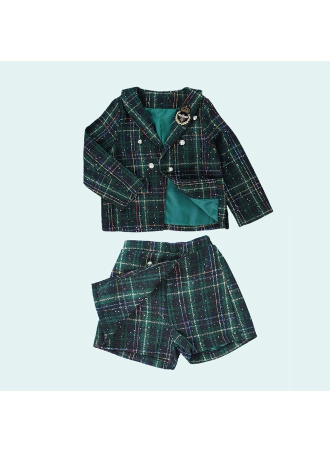 Bottle Green Scottish Style Tweed 2 pcsJacket and Shorts Winterwear set for Girls.