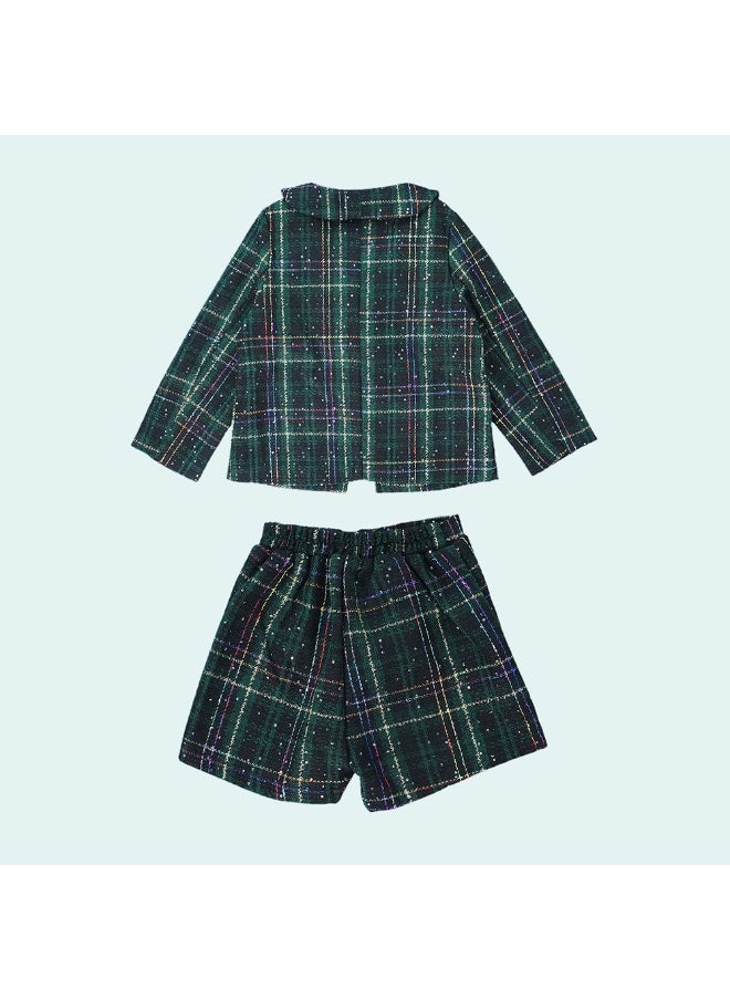 Bottle Green Scottish Style Tweed 2 pcsJacket and Shorts Winterwear set for Girls.