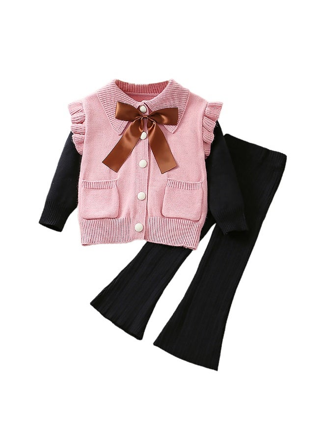 2 pcs Pink Ruffled KnittedTop with Black Bootcut Winterwear Pants for Kids