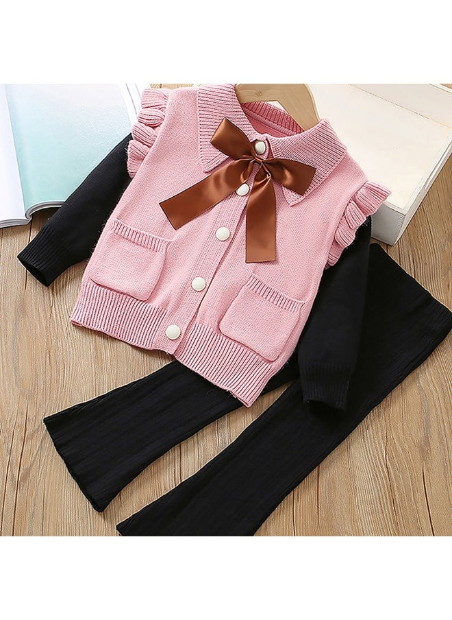 2 pcs Pink Ruffled KnittedTop with Black Bootcut Winterwear Pants for Kids