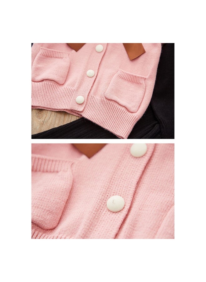 2 pcs Pink Ruffled KnittedTop with Black Bootcut Winterwear Pants for Kids