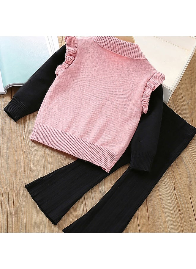 2 pcs Pink Ruffled KnittedTop with Black Bootcut Winterwear Pants for Kids