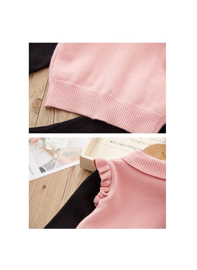 2 pcs Pink Ruffled KnittedTop with Black Bootcut Winterwear Pants for Kids