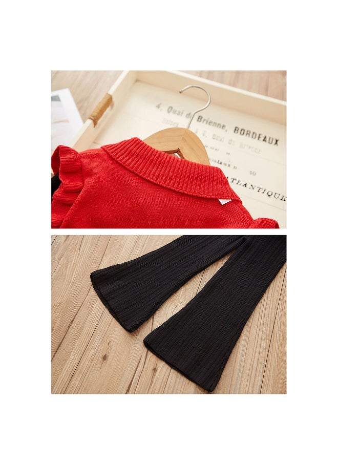 2 pcs Red Ruffled KnittedTop with Black Bootcut Winterwear Pants for Kids
