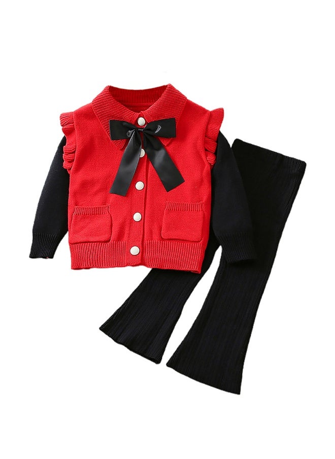 2 pcs Red Ruffled KnittedTop with Black Bootcut Winterwear Pants for Kids