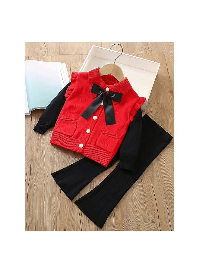 2 pcs Red Ruffled KnittedTop with Black Bootcut Winterwear Pants for Kids