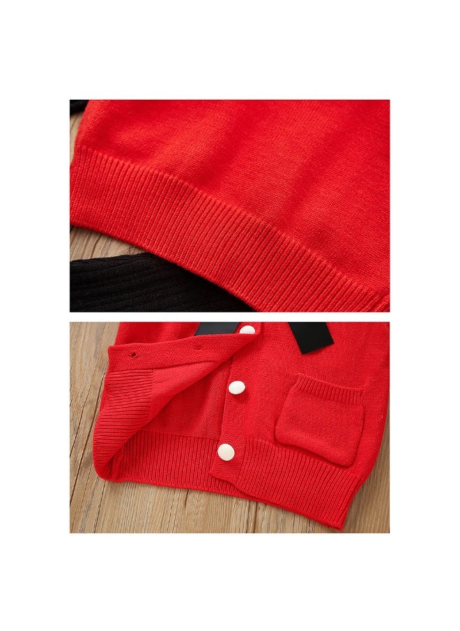 2 pcs Red Ruffled KnittedTop with Black Bootcut Winterwear Pants for Kids
