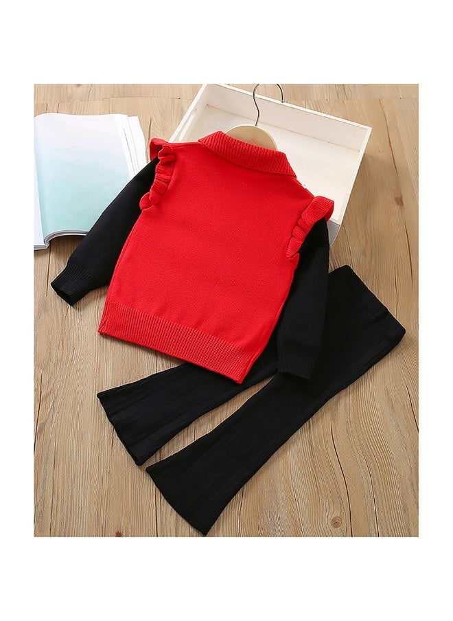 2 pcs Red Ruffled KnittedTop with Black Bootcut Winterwear Pants for Kids