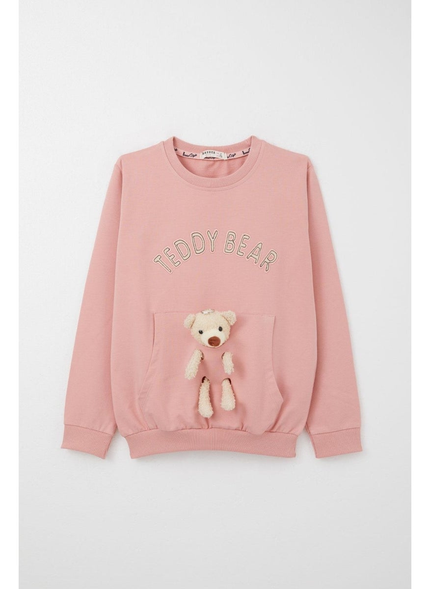 Girls Tracksuit Set with Teddy Bear Accessory and Text Embroidery, 5-9 Years Old, Dusty Rose