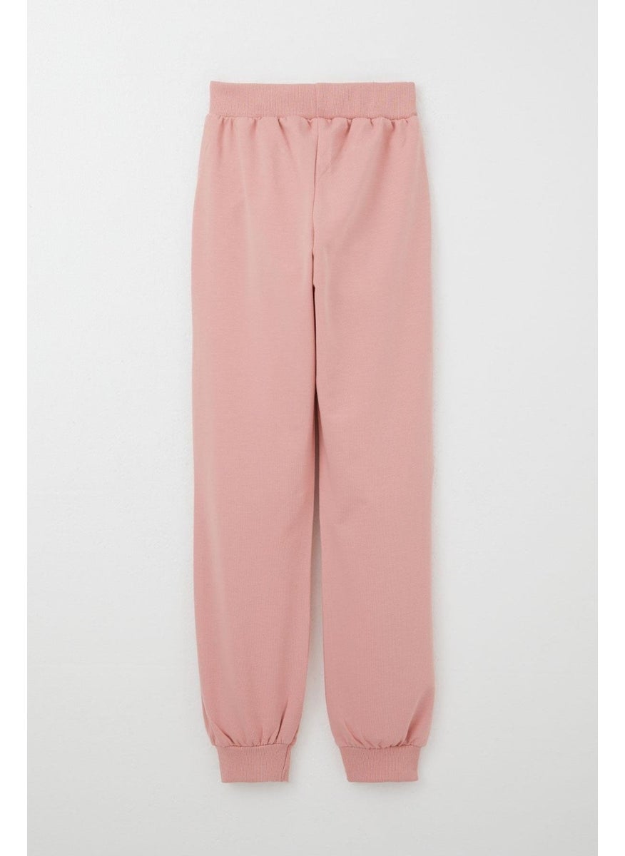 Girls Tracksuit Set with Teddy Bear Accessory and Text Embroidery, 5-9 Years Old, Dusty Rose