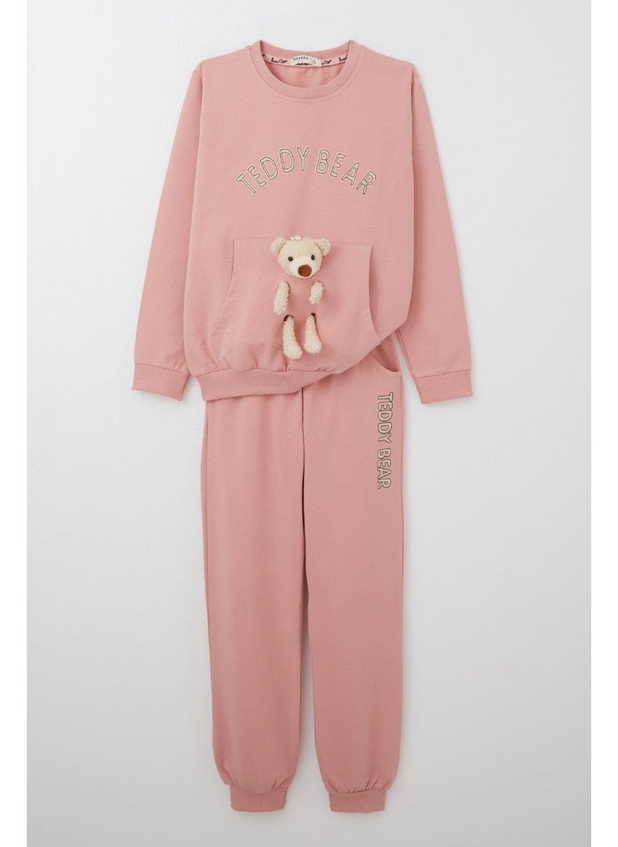 Girls Tracksuit Set with Teddy Bear Accessory and Text Embroidery, 5-9 Years Old, Dusty Rose