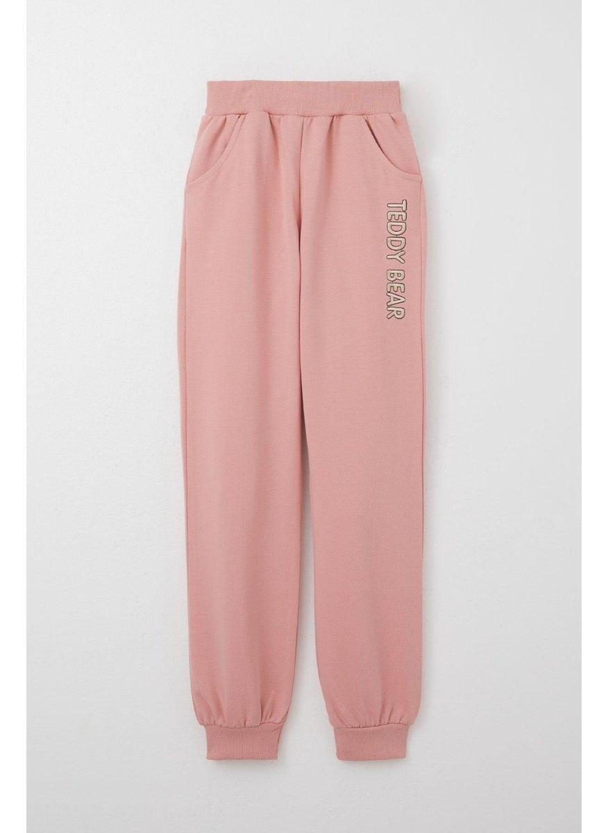 Girls Tracksuit Set with Teddy Bear Accessory and Text Embroidery, 5-9 Years Old, Dusty Rose