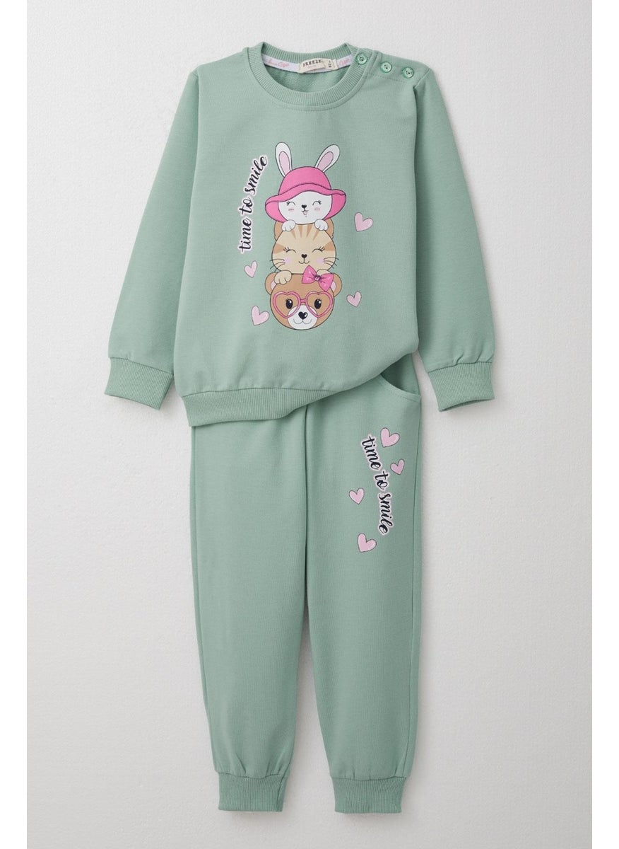 Girls Tracksuit Happy Friends Printed Heart 1.5-5 Years, Aqua Green
