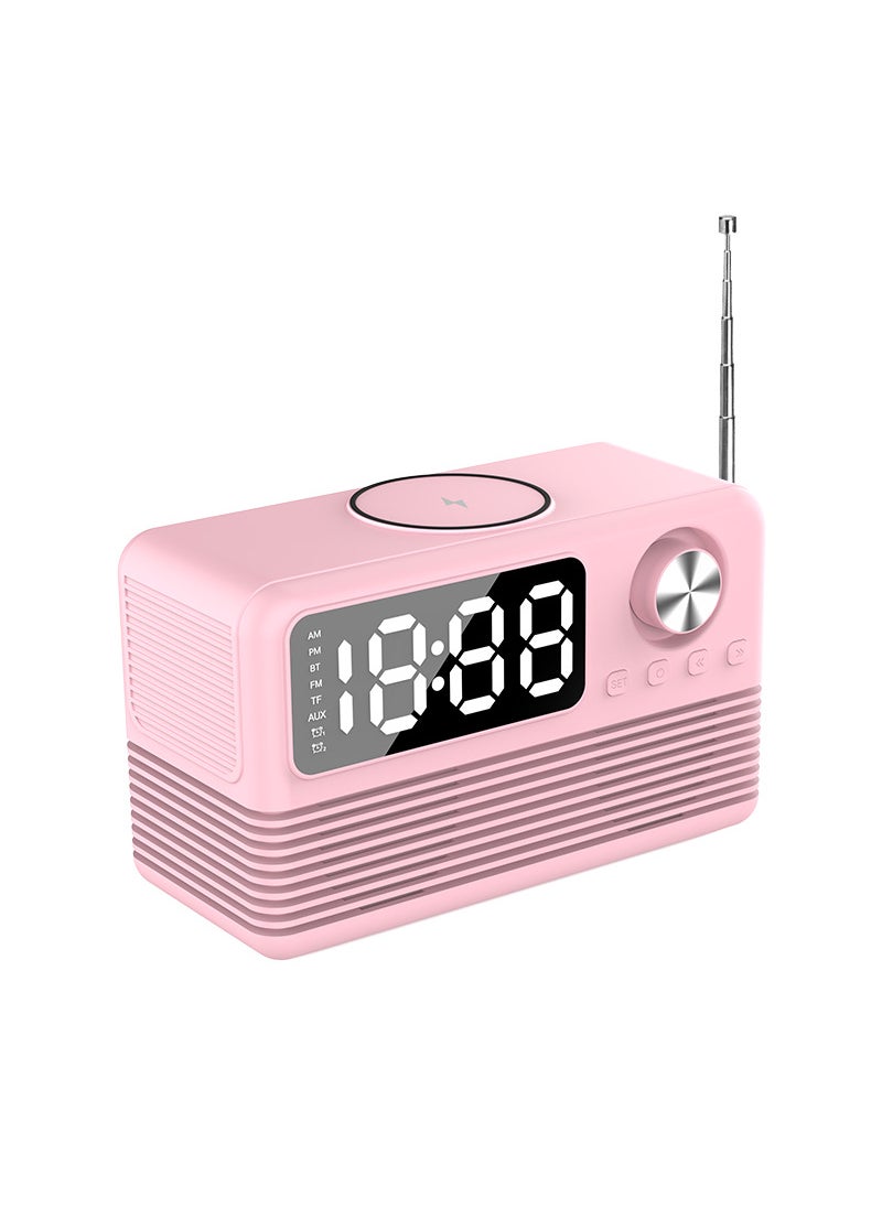 Retro 15W Bluetooth Speaker Wireless Charging LED Clock Bt509 pink