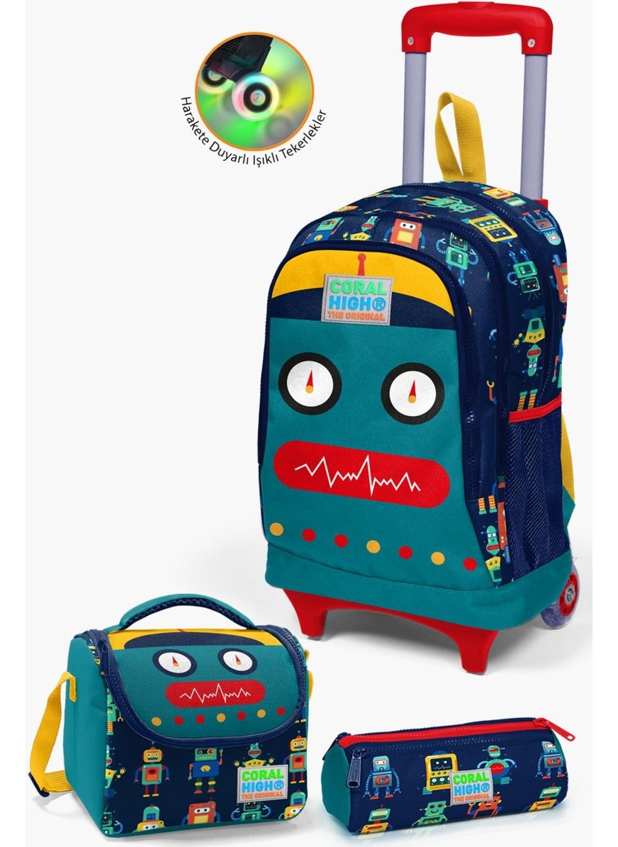 Kids Navy Blue Indigo Robot Patterned Trolley 3-Piece Bag Set SET0123380