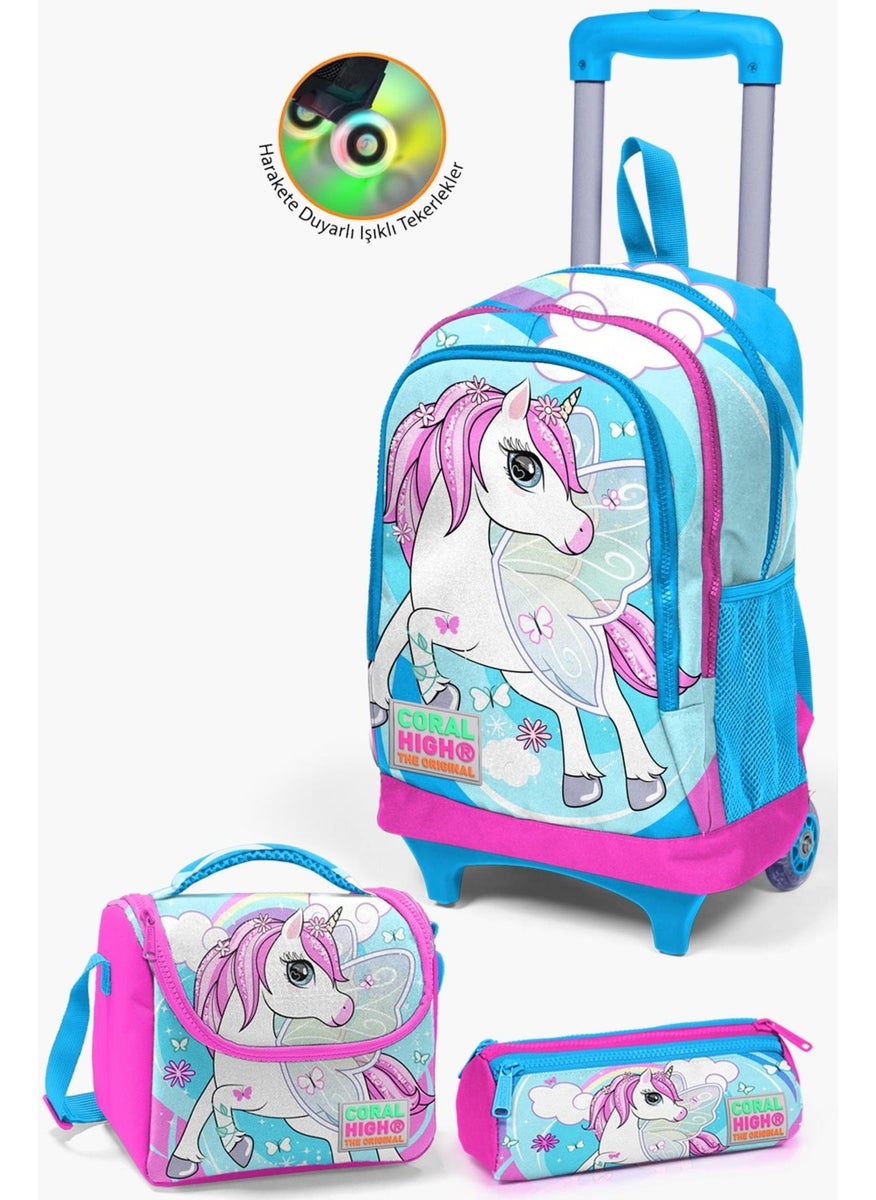 Kids Blue Neon Pink Unicorn Patterned Trolley 3-Piece School Bag Set SET0123911