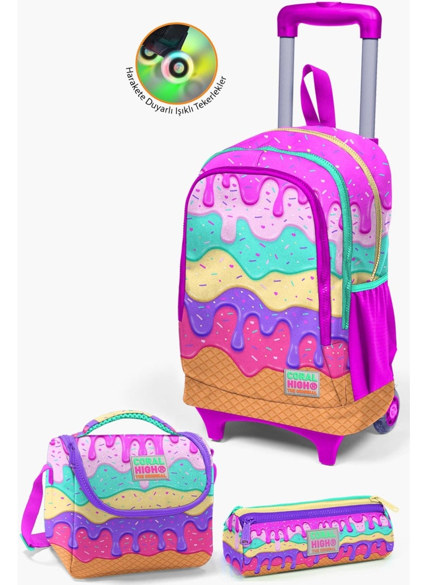 Kids Pink Colorful Ice Cream Patterned Trolley 3-Piece School Bag Set SET0123931